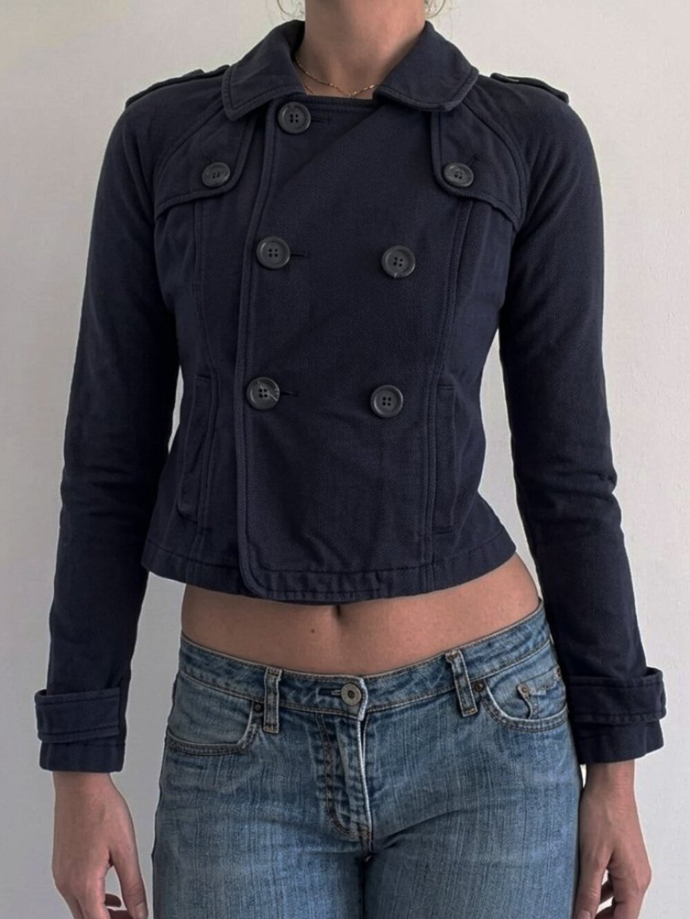 Vintage Y2K American Eagle Double Breasted Cropped Navy Blazer - XS